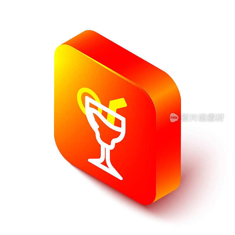 Isometric line Cocktail and alcohol drink icon isolated on white background. Orange square button. Vector